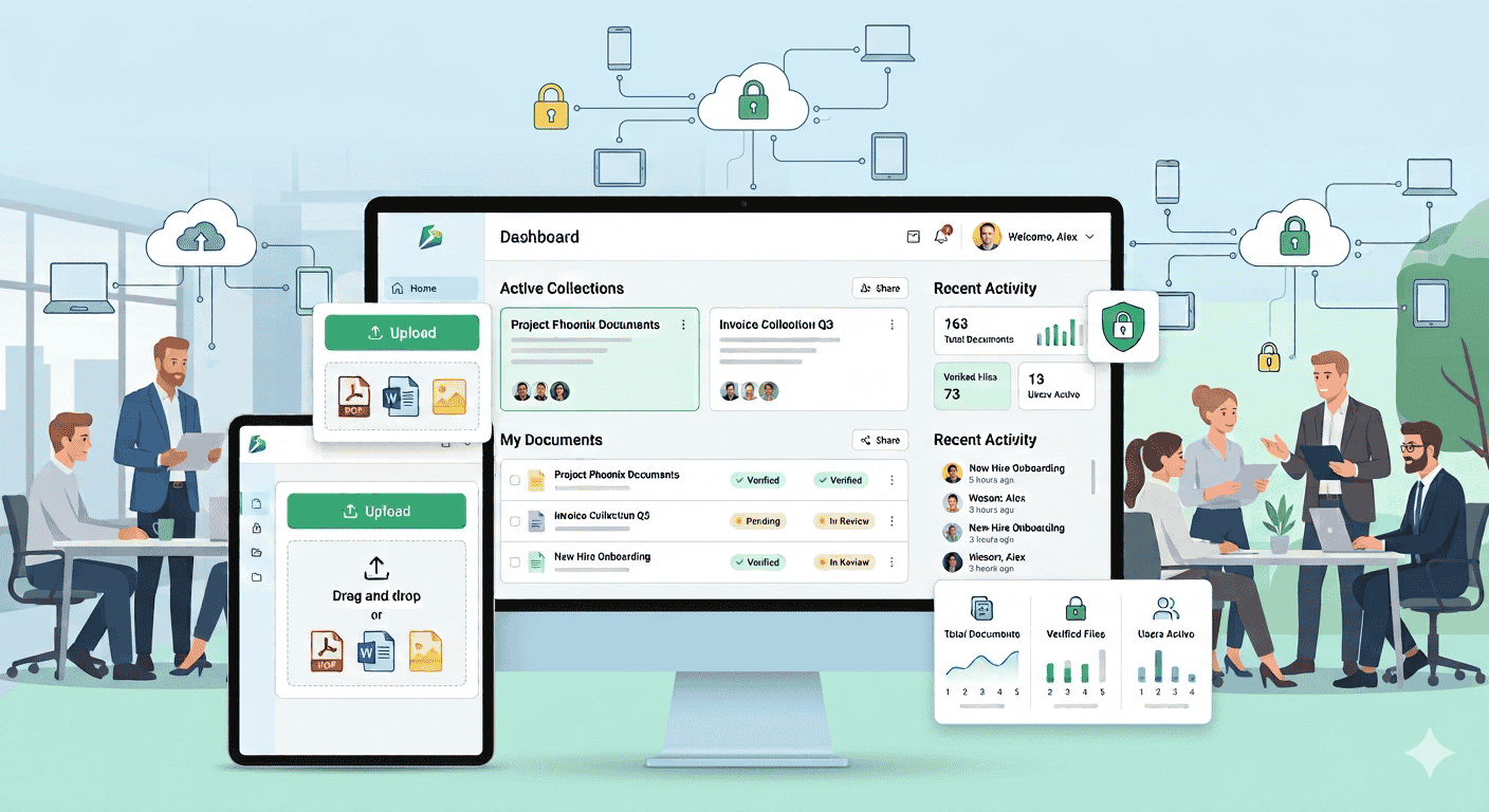 Secure cloud upload folder and document organization illustration
